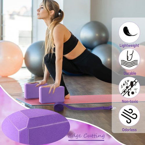 Wettarn 30 Pack Yoga Block and Strap Set 15 Pcs Non-Slip Yoga Blocks with 15 Pcs Metal D Ring Stretching Exercise Workout Fitness Accessory for Gym(Purple)