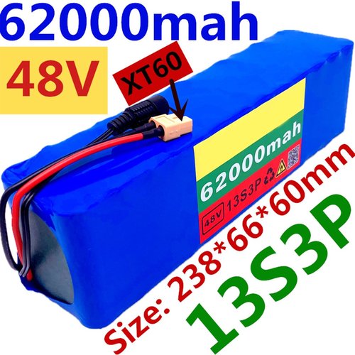 LXBche 48V 62Ah E-Bike Lithium Ion Battery Pack with Built-in BMS Protection, Compatible with 200-1000W Electric Bicycle Motor, Includes Charger, XT60 Plug