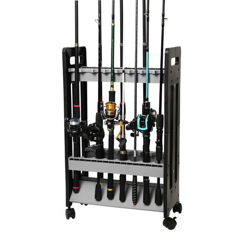 JOYWAVE Fishing Rod Holder,Fishing Pole Holders for Garage,Plastic Fishing Rod Rack,16-Slots,Portable Wheels