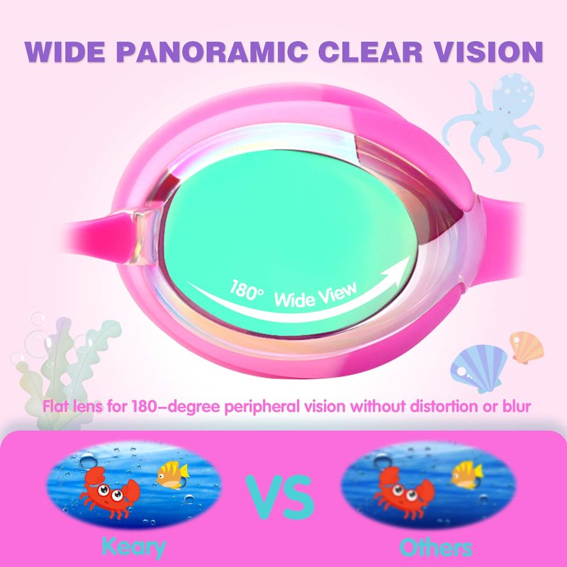 Keary Kids Swim Goggles for Toddler Children Girls Boys Youth, Anti-Fog Waterproof UV Protection Clear Vision Mirror Flat Lens, Pink Kids Goggles with 3 Nose Pieces