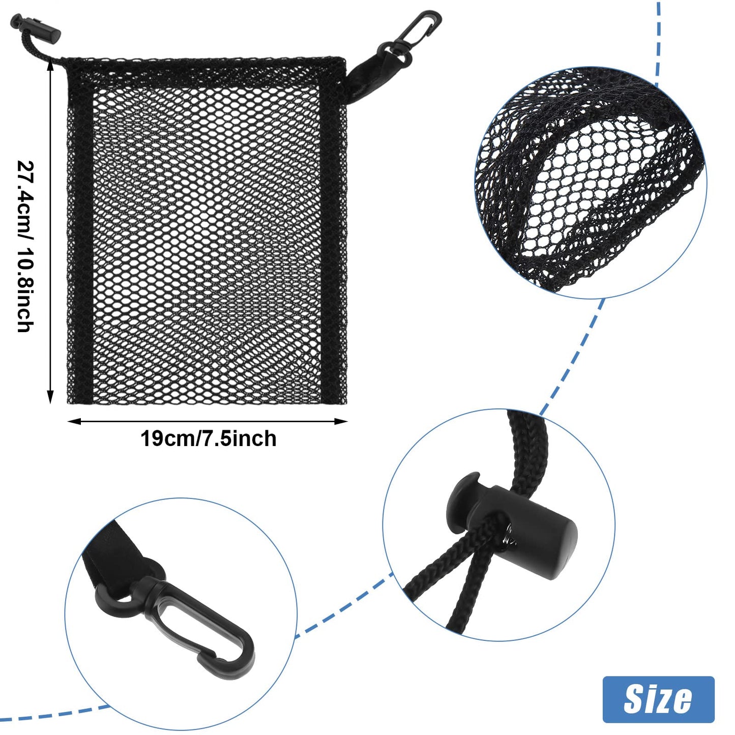 8 Pieces Black Mesh Drawstring Bags with Clips Small Nylon Storage Mesh Bags Shell Bag Dishwasher Net sack for Jewelry Beach Collecting Toys Gifts Travel Kitchen Favor(27.4 x 19 cm/ 10.8 x 7.5 Inch)