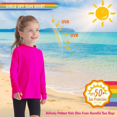 Girls Rash Guard Swim Shirt Long Sleeve for Toddler Kids Rashguard Water Shirt UPF50+ Neon Pink 4T