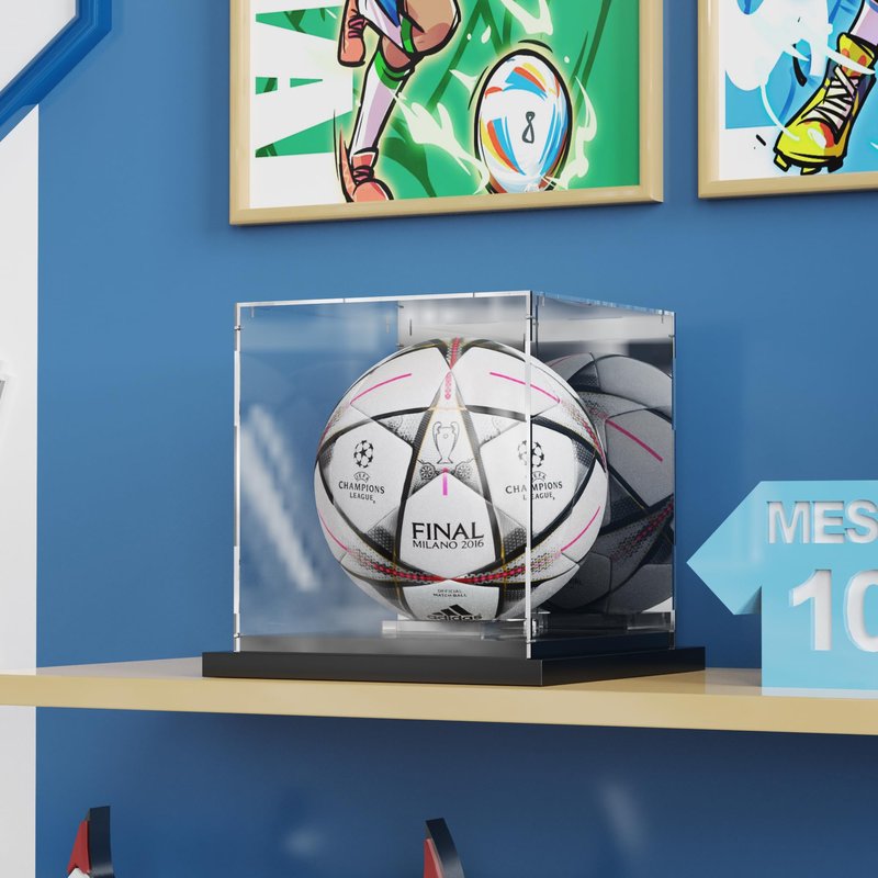 Xiomot Soccer Ball Display Case Clear Acrylic Display Case Box with Mirror Back and Black Metal Grooved Base Stackable Holder with Removable Built-in Soccer Ball Stand for Sports Collectibles