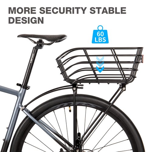 Rear Bike Basket with Rack - Rear Rack with Fixed Basket for Disc Brake/Non-Disc Brake Mount - Bicycle Basket Cargo Touring Carrier fit 26”-29” and 700c