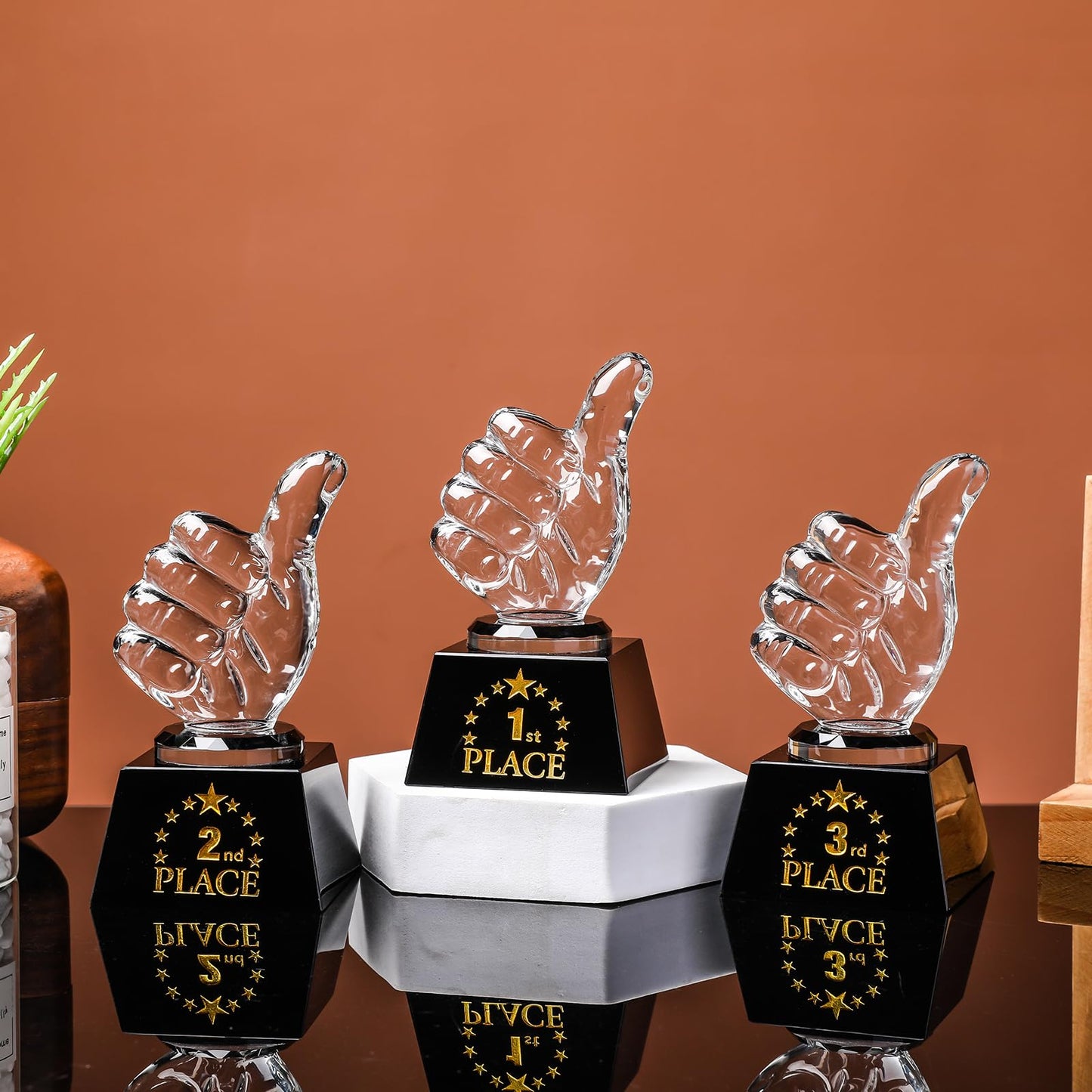 LONGWIN 1st 2nd 3rd Place Trophy Set Glass with Thumbs Up for Winner, 2nd Place Trophy Award for Sports Tournaments Talent Show Competitions