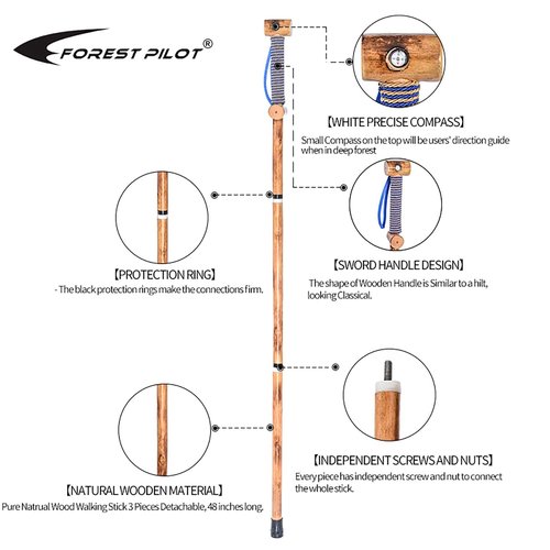 FOREST PILOT 3 Pieces Detachable Hardwood Walking Stick Cross Head with a Compass (Nature Color, 48 Inches, 1 Piece)…