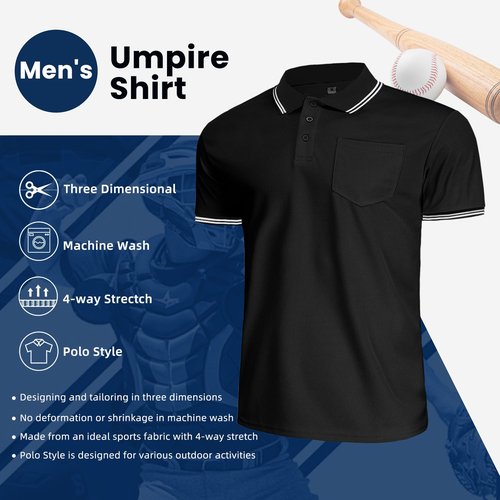 CUTIEHON Men's Baseball Umpire Shirt, Short Sleeve Referee Jersey Shirts Sized for Umpire Chest Protector Black