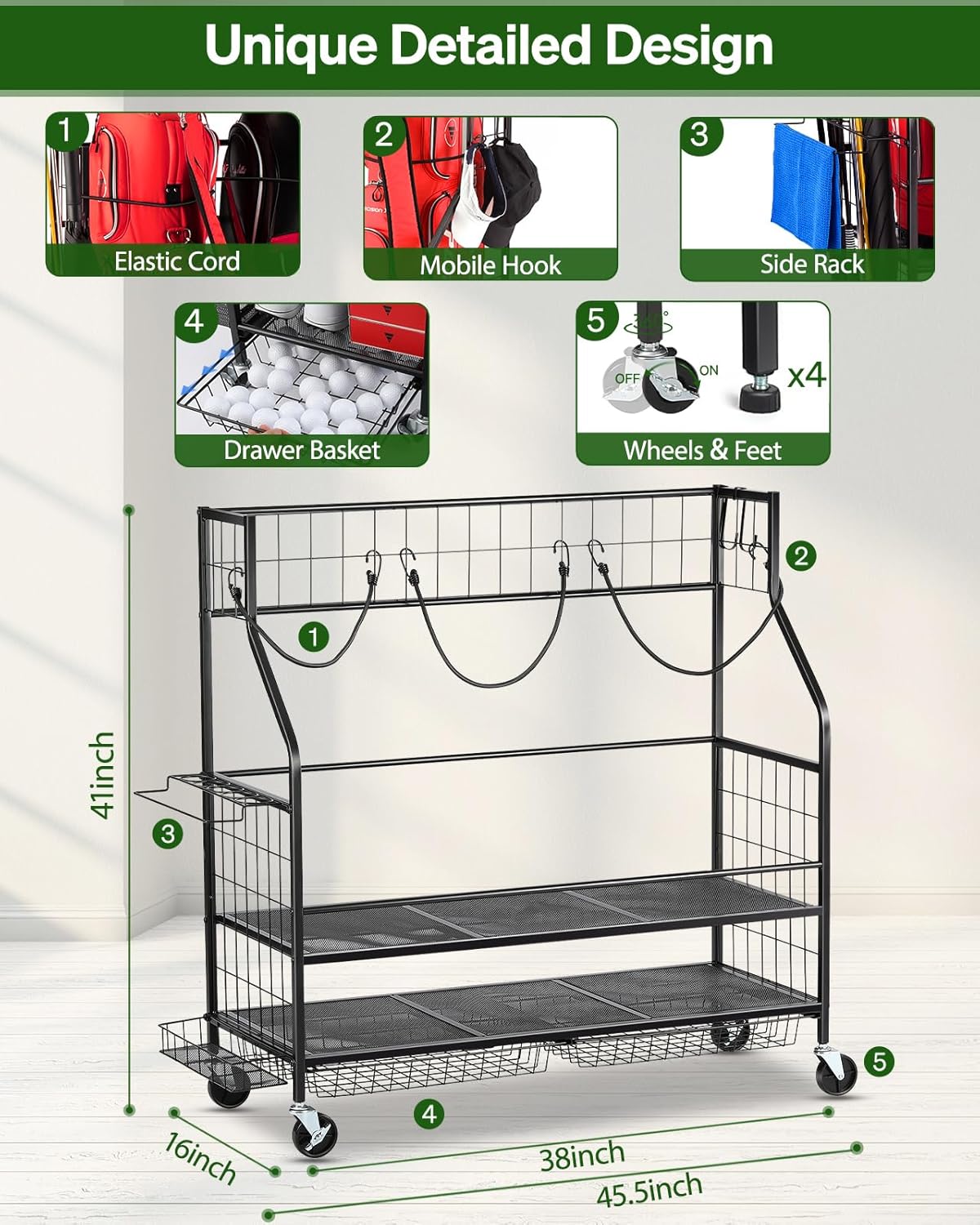 3 Golf Bag Storage Garage Organizer, Golf Bag Stand Fit for 3 Golf Bags, Golf Clubs, Golf Balls, Golf Equipment Accessories, Golf Bag Storage Rack with Wheels for Garage, Club, Shed, Basement