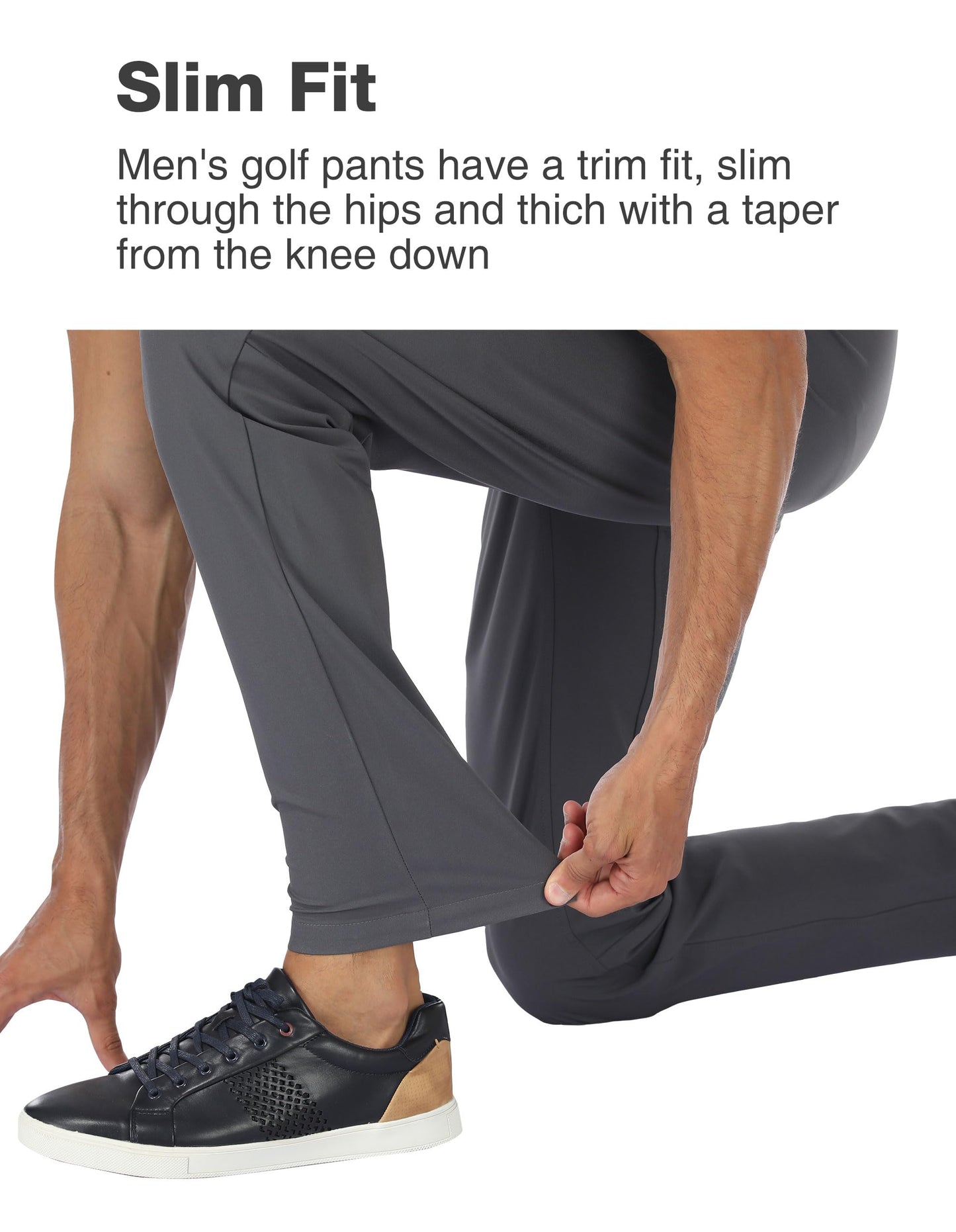 PULI Mens Golf Pants Stretch Dress Slim Fit Pants Waterproof Comfy Casual Work Tapered Pants with Pockets Grey,34Wx32L