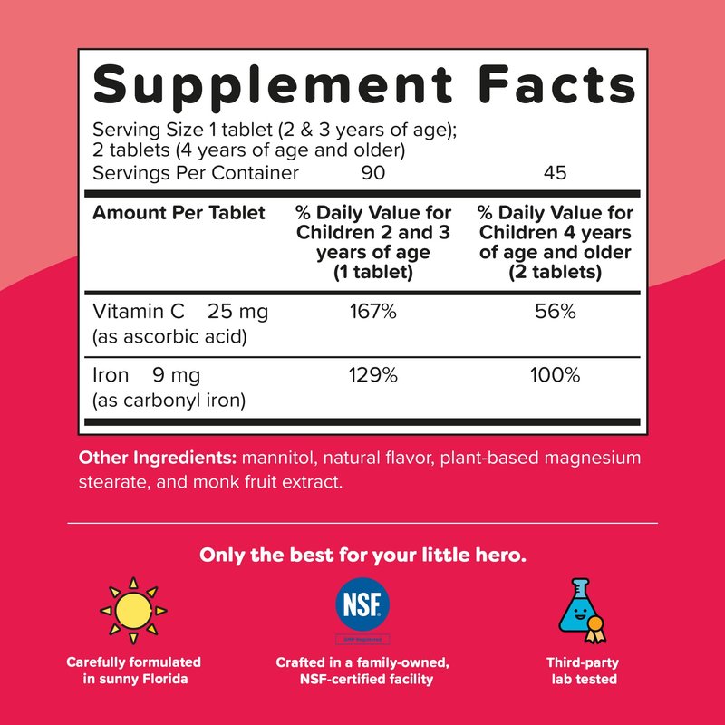 Renzo's Iron Supplements for Kids, Dissolvable Vegan Kids Iron Supplement with Vitamin C, Sugar-Free Melty Tabs, Orange Flavor, 90-Count