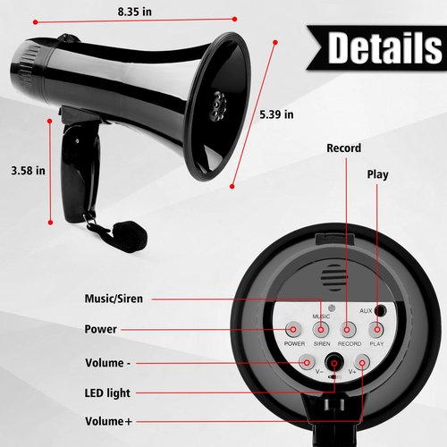 MGROLX 20W Megaphone Bullhorn Speaker with LED, | Loud Spekaer with Siren, Recording and 3.5mm Aux Interface | Mega Phone Design for Outdoors and Safety Drills(Black)