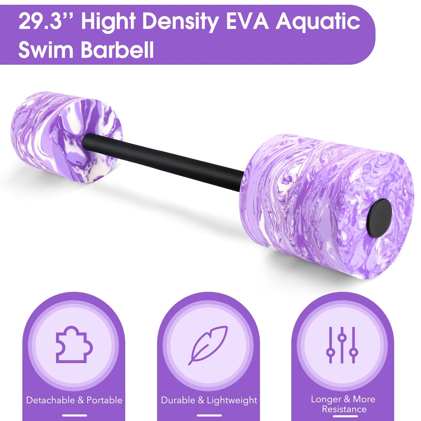 IEBIYO 29.3’’Swimming Barbell Swim Dumbbell with Water Exercise Discs High Density EVA Foam Aquatic Exercise Equipment Swimming Aid for Adults (Purple)