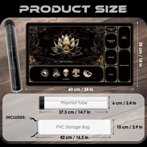MTG Playmat with Play Zones – Magic Play mat Card Game Mat for Magic The Gathering, Lotus & Basic Lands Design, 24x14 inch, Stitched Edge, Non-Slip Base with Prismatic Playmat Tube-Gold Lotus