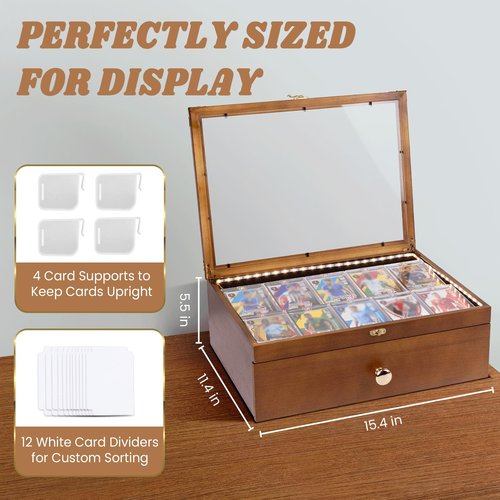 Card Display Case with Battery-Powered LED Strip, Graded Card Display, Sports Card Case, Holds 70+ Graded Cards, Wood Storage Box with Drawer, Dividers, Fits Toploader & Slabs