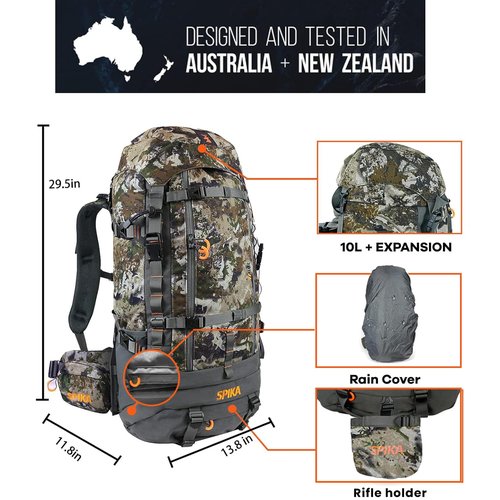 SPIKA Hunting Backpack Internal Frame for Men Waterproof Hunting Pack Camouflage with Rifle Holder Extendable 80L Capacity