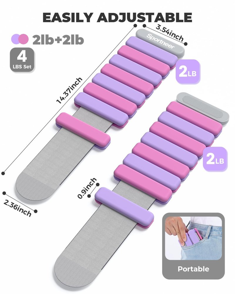 Sportneer Wrist & Ankle Weights for Women Men 4 lbs (2 lb Each) Adjustable Silicone Weighted Bracelet Set for Gym Yoga Pilates Cardio Strength Training Wearable Arm Hand Workout Weights