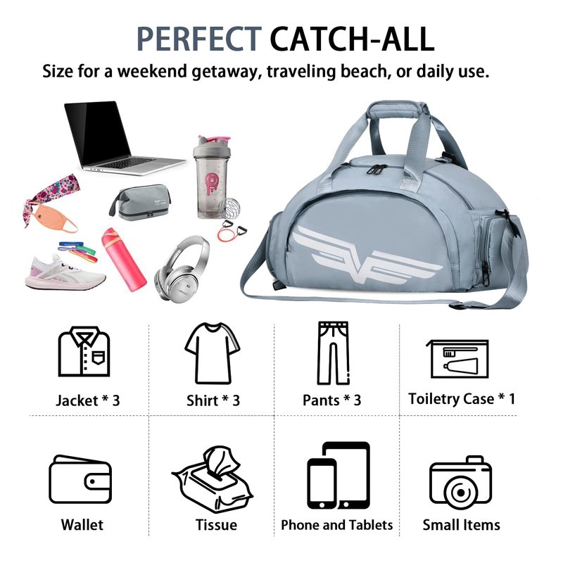 FIORETTO 30L Sports Gym Duffle Bag with Wet Pocket & Shoe Compartment, Weekender Hospital Overnight Bag for Women, Sports Holdall Backpack