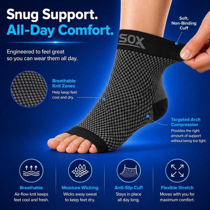 SB SOX Plantar Fasciitis Compression Socks – Arch Support Sleeve for Heel Pain Relief, Achilles Tendonitis & Foot Pain – Toeless Ankle Compression, All-Day Comfort (Navy, Medium)
