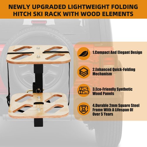 Lightweight Folding Hitch Ski Rack with Wooden Surface, Holds 4 Pairs of Skis, Compact Design with Easy Tilt Access, Fits 2" Hitch Receiver, Durable and Stylish Ski Accessories for Car