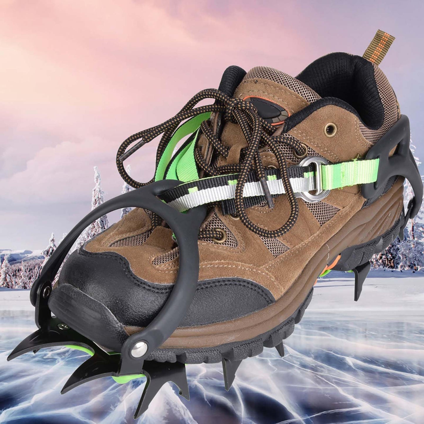Ice Crampons Shoe Grips, 1 Pair 14 Teeth Antislip Spikes Cleats for Outdoor Snow Hiking Climbing