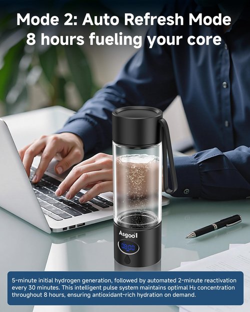 Asgool Hydrogen Water Bottle - Portable, Rechargeable, LED Timer, Aluminum and Glass, Self Cleaning, Cyclic Mode, 5000 PPB Hydrogen in 10 Minutes, for Sports, Home, Office, Outdoor (Black, 360ml)