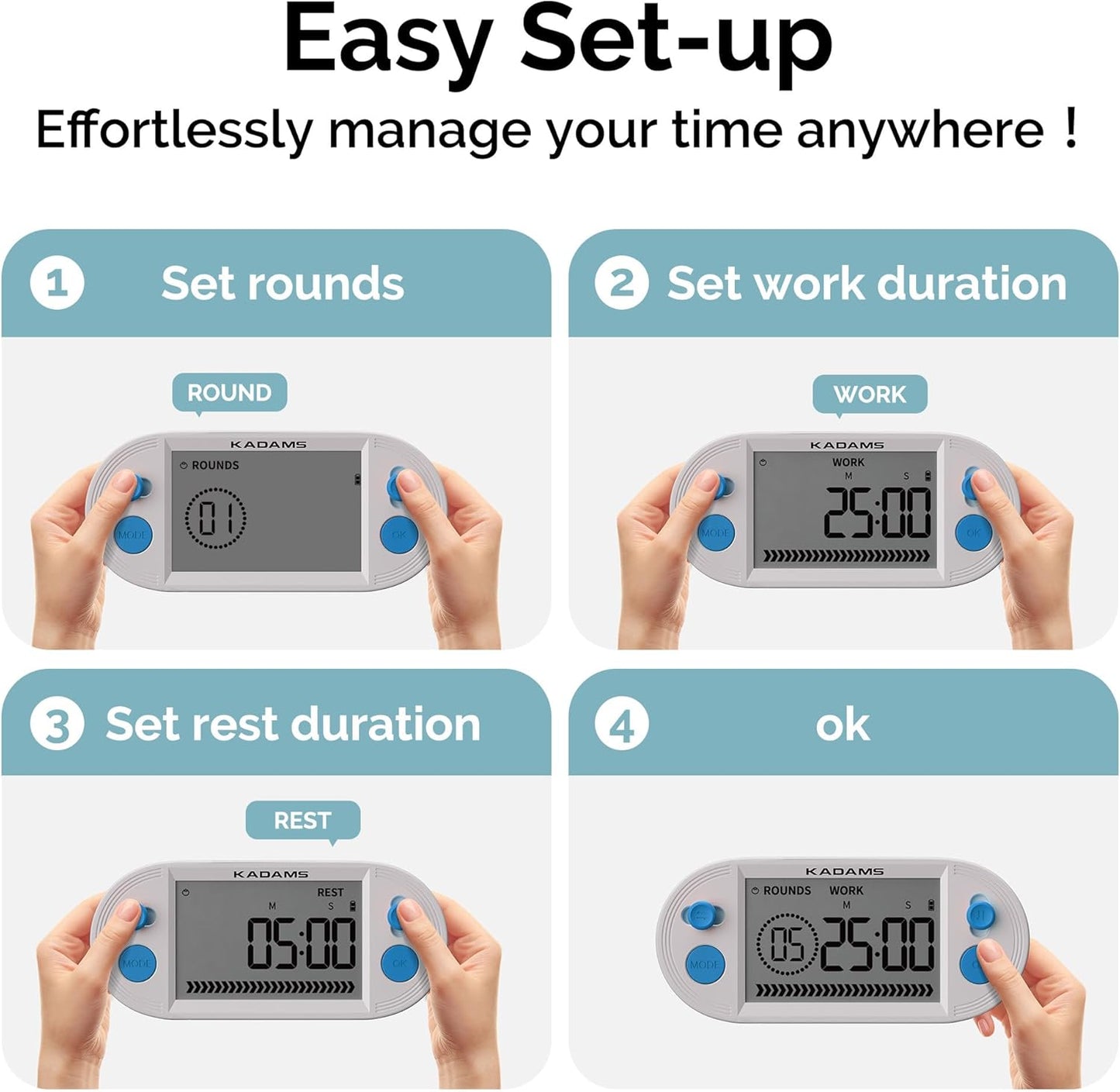 KADAMS Pomodoro Timer with Interval Countdown - Study, Gym & Exercise Timer with Magnets Stand (Blue)