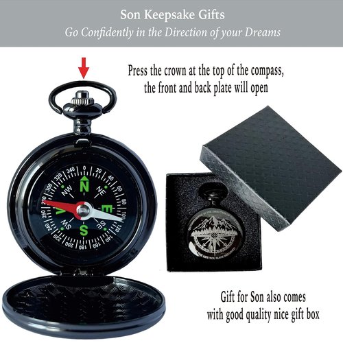 Son Gifts from Mom Dad, Go Confidently Pocket Compass Engraved Black, to My Son Pocket Token, Inspirational Keepsake Gifts Ideas for Older Son Birthday College Graduation Christmas