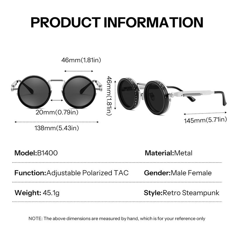 FEISEDY Adjustable Tint Sunglasses Polarized Men, 1-9 Gear Manual Dimming, Steampunk Round Metal Frame UV400 ND Filter B1400