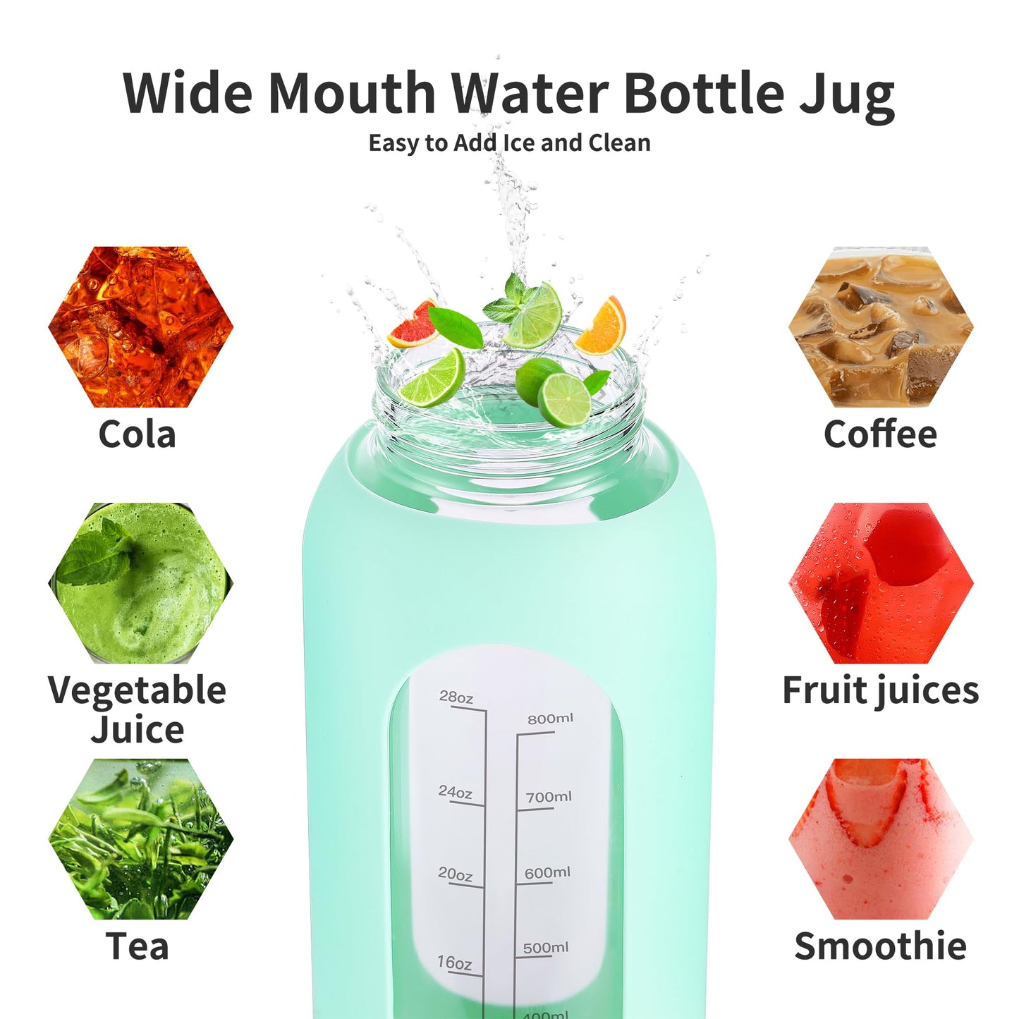 EALGRO 64 oz Glass Water Bottle With Straw and Handle, Half Gallon Sports Motivational Water Jug Flask with Silicone Sleeve, Large Water Cup with Time Marker for Travel, Gym, Dark Blue