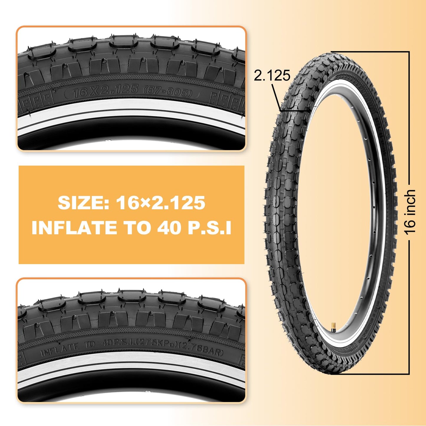 2-Pack Kids Bike Tires Set: Hycline 16x2.125 Inch (57-305 mm) Folding Replacement Puncture-Resistant Bicycle Tires and Pair Inner Tubes with Tire Levers for Beach Urban City Commuter Bike-Black