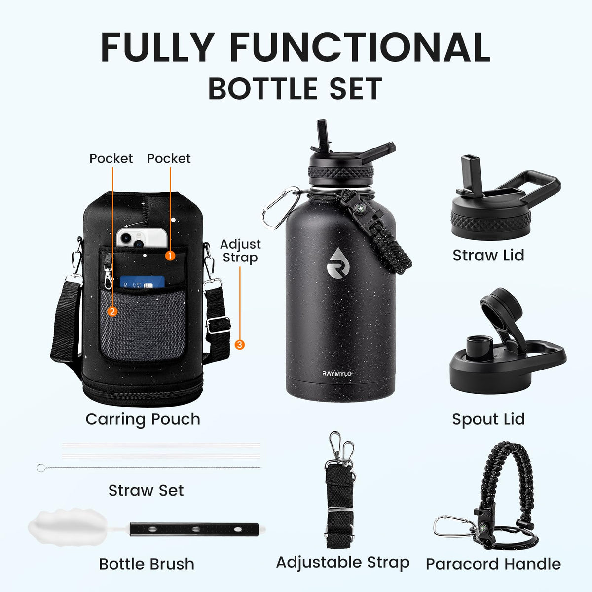 RAYMYLO Insulated Water Bottle 64 oz, Triple Wall Vacuum Stainless Steel (Cold for 48 Hrs), Leak Proof & Non-BPA, Half Gallon Water Flask Jug with Paracord Handle & Straw Spout Lids