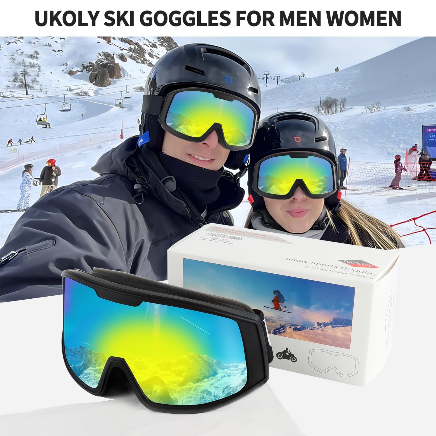 Ukoly Ski/Snowboard Goggles for Men Women, Snow Goggles HD Lens Anti-Fog Coating OTG Design UV400 Protection Windproof (Black Frame Revo Color Red HD Lens)
