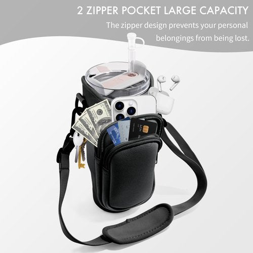 JEBEALUO Water Bottle Carrier Bag with Phone Pocket for Stanley Cup 40/30 oz, Water Bottle Holder with Adjustable Strap& Straw Cover, Stanley Cup Accessories (Black)