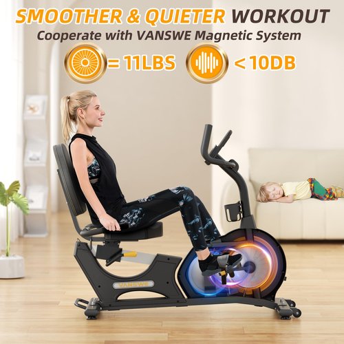 VANSWE Recumbent Exercise Bike, Recumbent Stationary Bikes for Home 400 LBS Weight Capacity, Exercise Bike for Home Seniors with Smart App and Bluetooth Connectivity, LED Display, Pulse Handle (Yellow/Black)