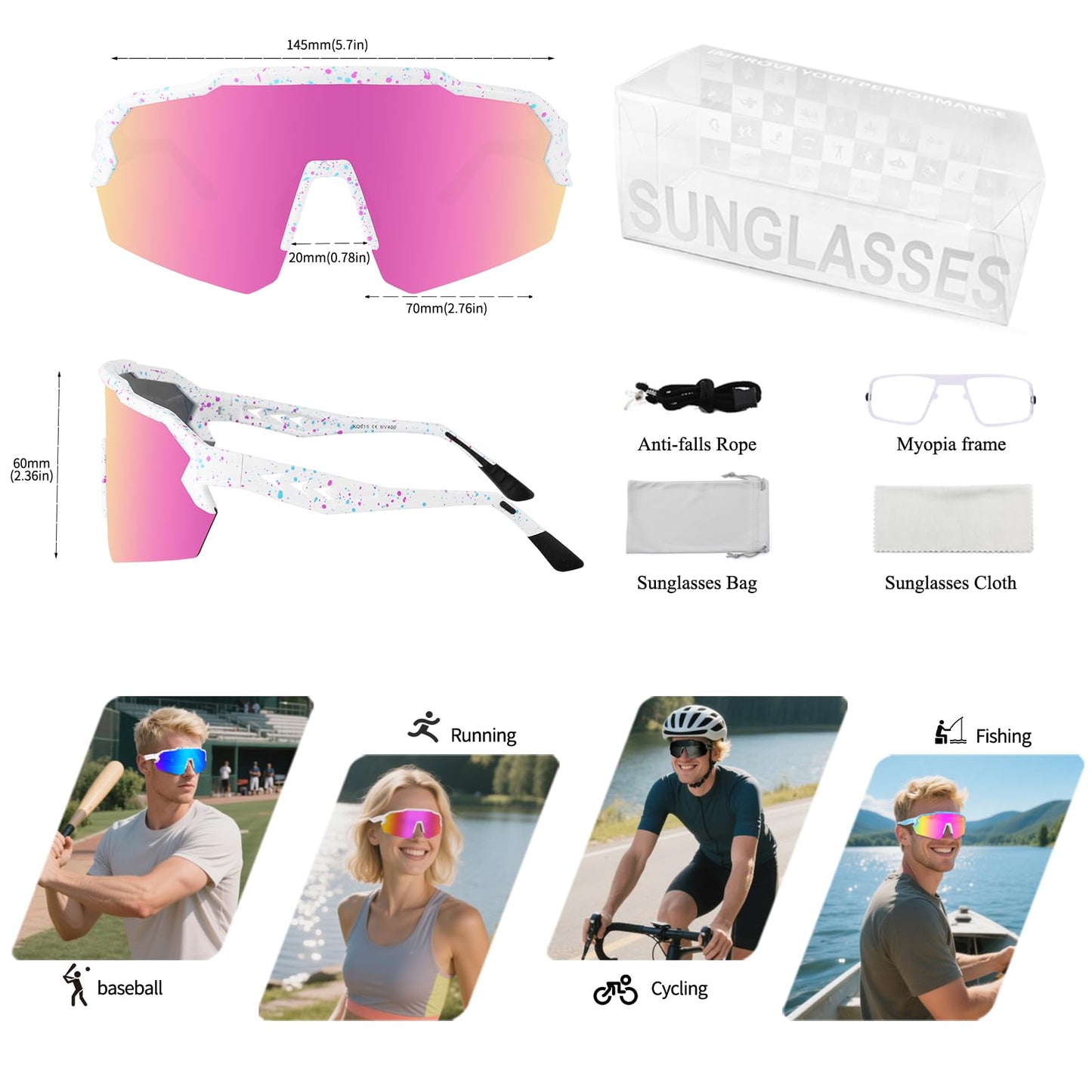 Ukoly Baseball Sunglasses For Men Women,Sports Sunglasses For Baseball Running Cycling UV400 protection TR90 Frame 615 (Pink)