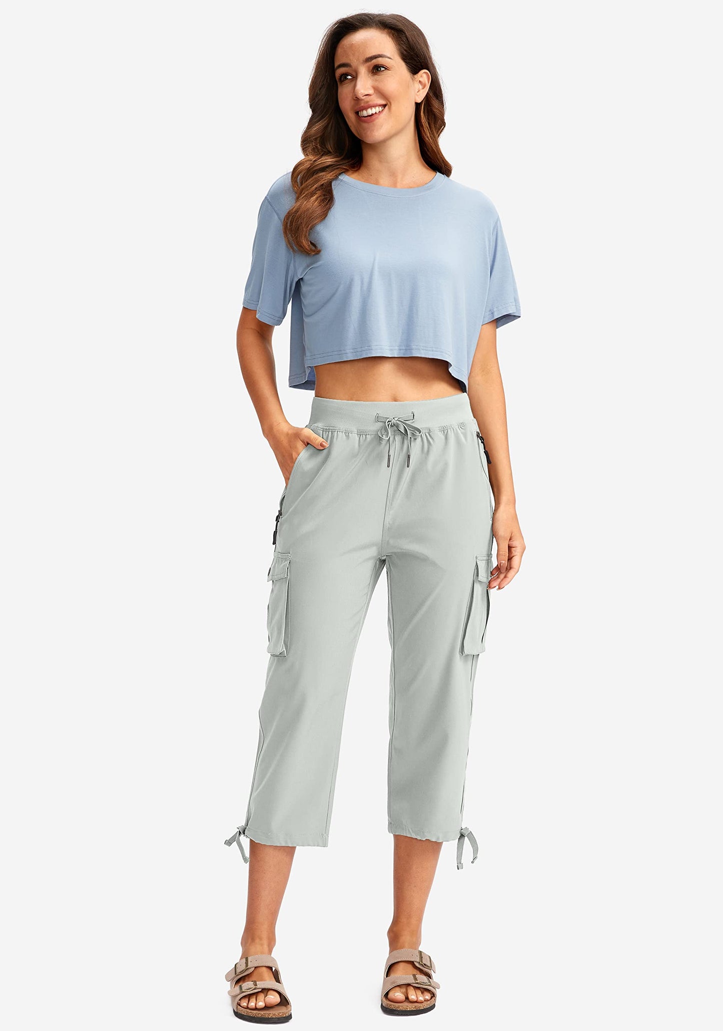 Soothfeel Women's Cargo Capris Pants with 6 Pockets Lightweight Quick Dry Travel Hiking Summer Pants for Women Casual (Pale, XL)