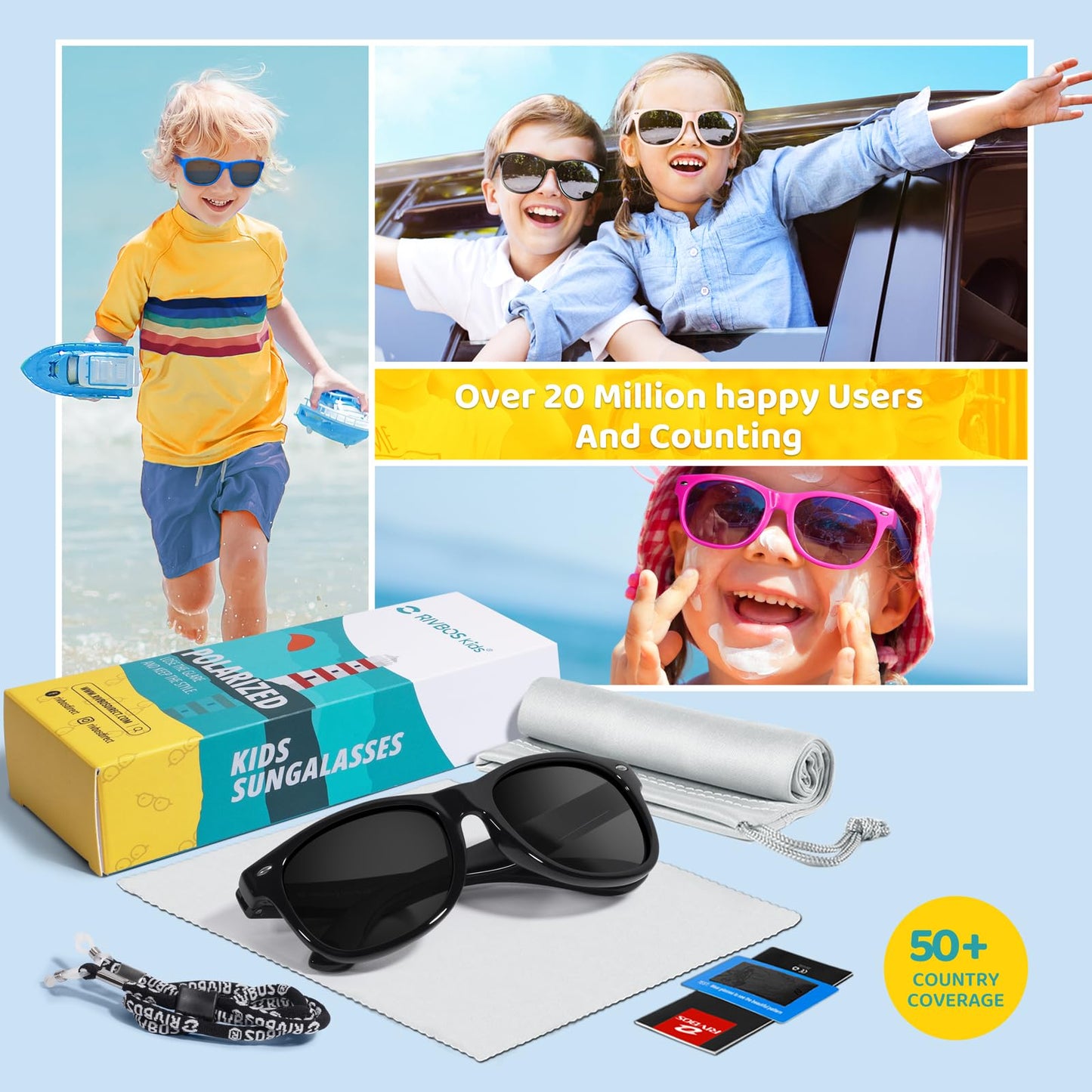 RIVBOS Kids Sunglasses Boys&girls with Strap Polarized Rubber Flexible Shades for Toddler and Children Age 3-10 RBK004-2 Black