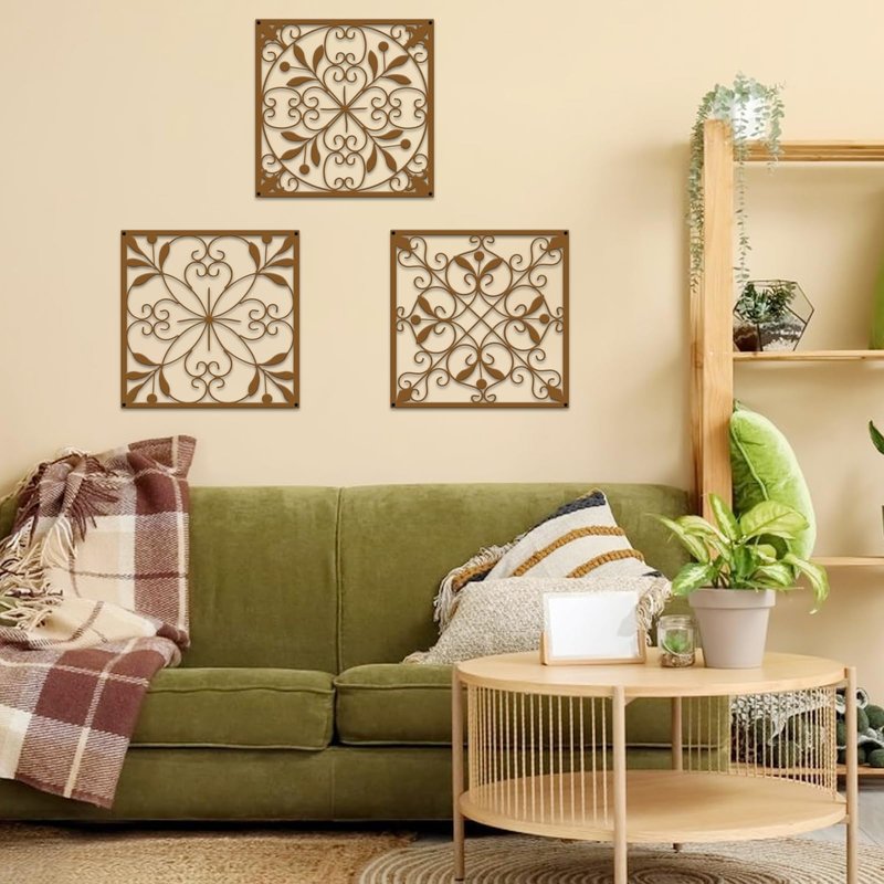 Resama 4 Pieces Rustic Wall Decor Farmhouse Wall Decor for Living Room Metal Hollow Carved Design Metal Decorative for Home Bedroom Kitchen Office (Brownish Orange,Square)