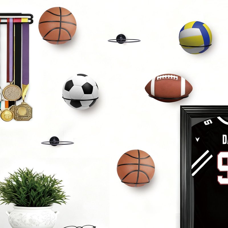 Lauvee Basketball Holder Wall Mount, 7 inch Diameter Metal Ball Holder, Ball Storage for Basketball, Football, Volleyball, Soccer, Ball Rack Display for Sports Accessories Organizer (Roll, 2 Pack)