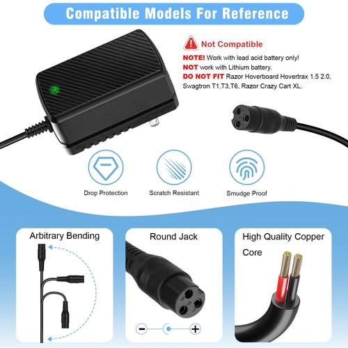 24V 1500mA Electric Scooter Charger for Razor E100, E200, E300, E500, PR200, MX350, Dirt Bike, Pocket Mod, Sports Mod, and Dirt Quad ATV Go Kart Connector - 3-Prong Inline Female Battery Power Cord