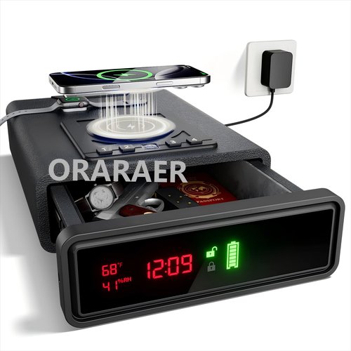 Biometric Gun Safe for handgun with Wireless Charging, Auto-Open Door with Fingerprint Lock, Backlit Keypad - Compact Nightstand Drawer with LED Light, 24/7 Digital Clock, Car, Pistol box (DEEP BLACK)