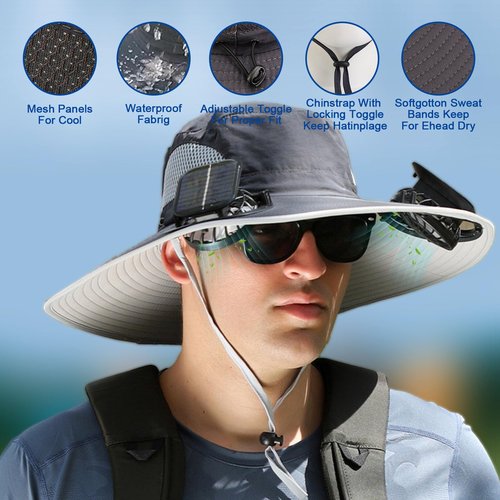 Wide Brim Solar Fan Outdoor Fishing Hat, 2 Solar Fan Hats for Men, Hat with Solar Fans Built in, Fishing Hat with Fan for Men (US, Alpha, One Size, Big, C)