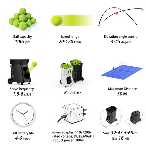 PUSUN PT-SMARTPro Tennis Ball Machine - Professional Auto Ball Server with APP Control, 20 Landing Points & Variable Speed, Smart Tennis Trainer with Multi-Angle System (4-6H Runtime) (Black)