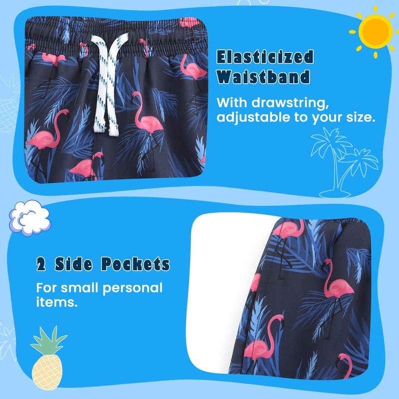 HODOSPORS Boys Swim Trunks with Compression Liner Swimsuit Bathing Suit Toddler Board Shorts Navy Flamingo