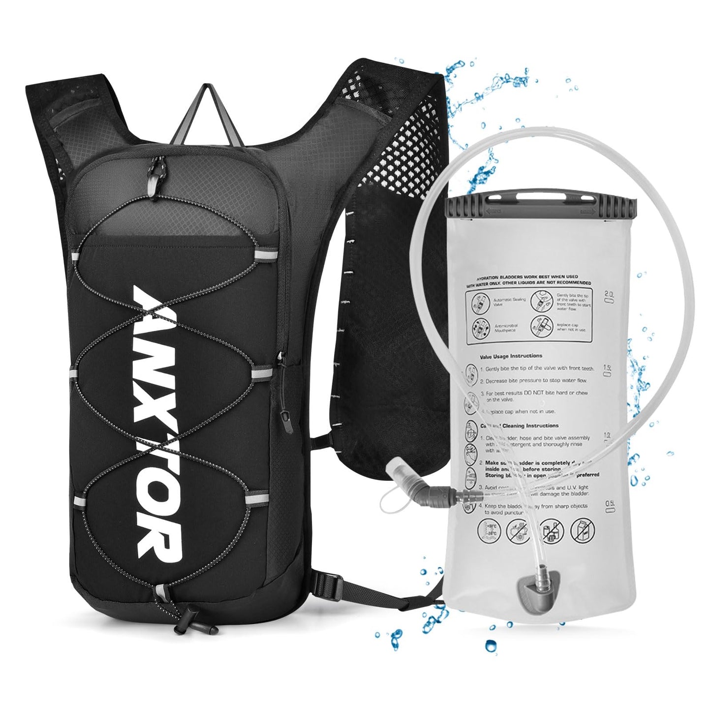 Hydration Backpack with 2L Water Bladder, Adjustable Chest Straps Running Hydration Vest Lightweight Daypack Reflective Pack for Women Men Hiking Trail Running Climbing Biking Cycling Marathon, Black