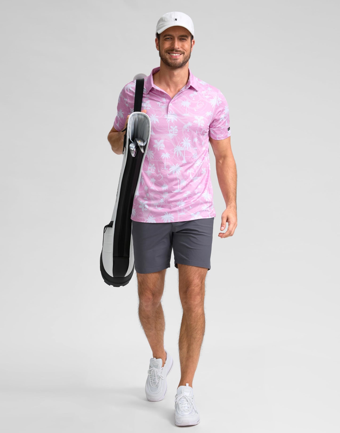 Obla Mens Golf Polo Shirts Short Sleeve Dry Fit Casual Print Collared Golf Shirts Wicking for Men(Pink Coconut Beach_XL)