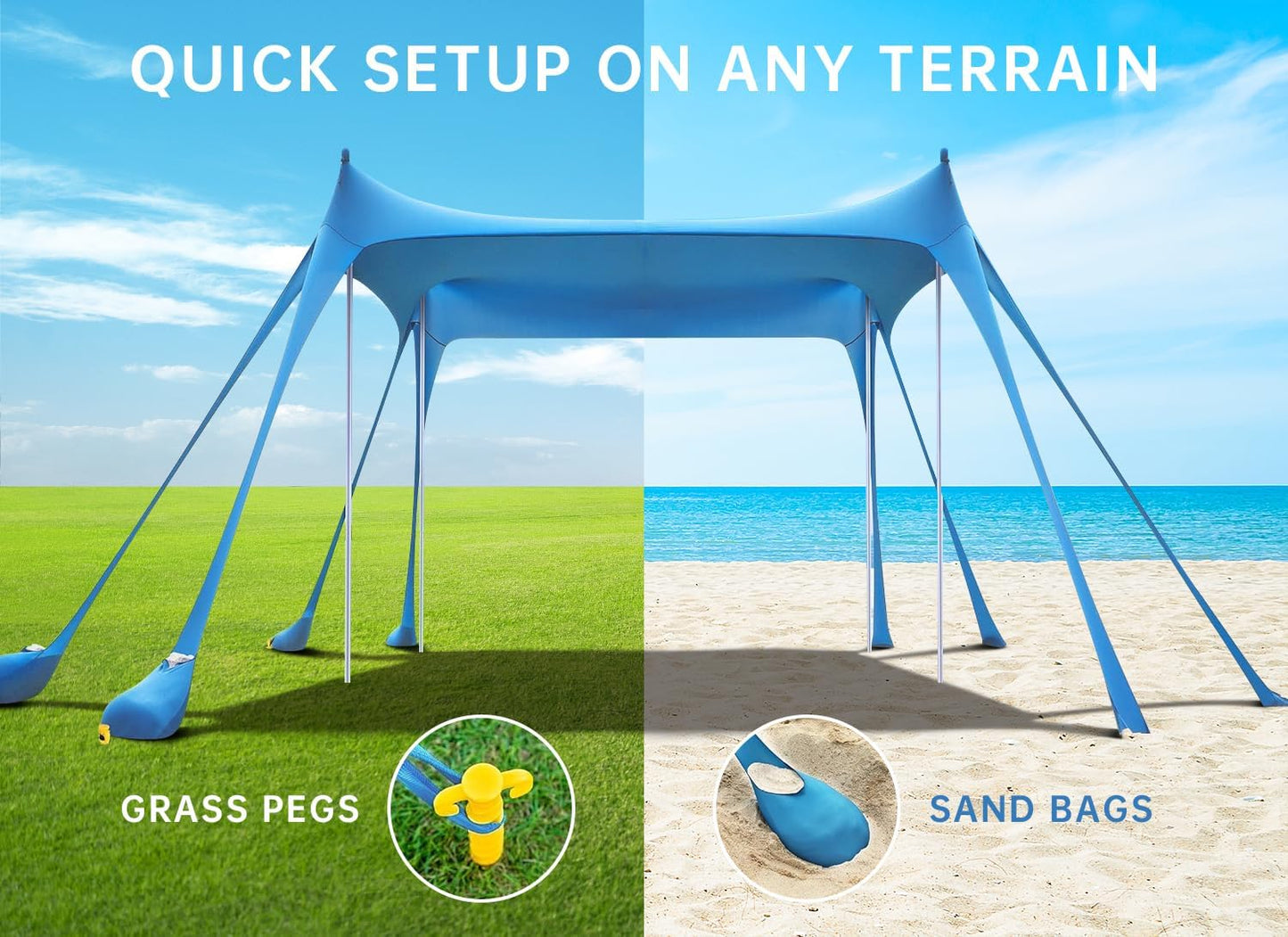 10x10ft Beach Tent Sun Shelter with UPF 50+ UV Protection, Beach Canopy Tent with 8 Sandbags, 4 Stability Poles, 8 Ground Pegs for Camping, Fishing, Picnics, Backyard Fun (Sky Blue)