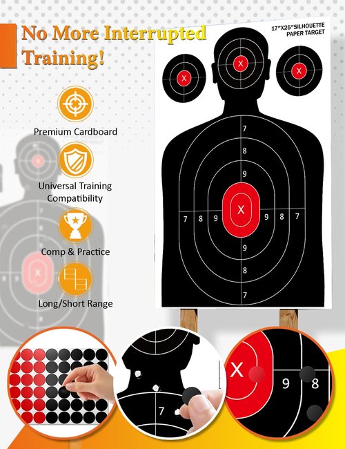 LAKINGO 50 Pack Paper Shooting Targets for Range, 17x25 Inch Silhouette Targets for Indoor/Outdoor Shooting with 480 Stickers, Compatible with Pistol, Rifles, air Gun, and BB Gun Practice