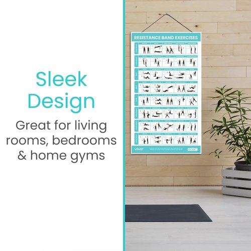 Vive Resistance Band Workout Poster (40 Illustrations) Laminated Bodyweight Hitt Exercise Chart for Abs, Glute, Back, Legs - Stretch Routine for Home Gym, Garage, for Men, Women - Cable Trainings