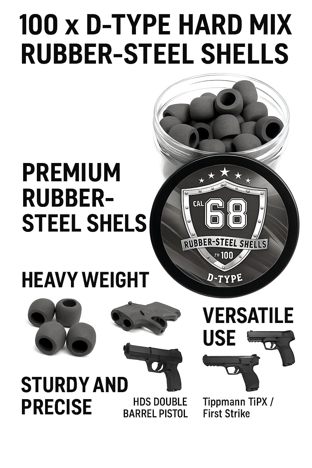 100 x D-Type Hard Mix Rubber Steel Shells Rubber Balls Mixed with Steel Powder 6 Grams Heavy Ammunition for Training Home Self Defense Paintball Pistols in 68 Caliber